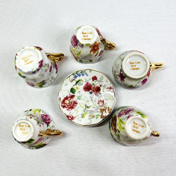 Vintage FIVE Miniature Porcelain Teacups & Plate Pink Floral Rose Gold Gilt - Picture 10 of 10